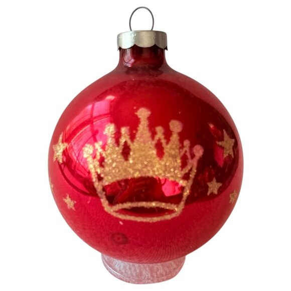 Vintage Shiny Brite Red Glass Christmas Ornament Gold Glitter Crown & Star 3” - Picture 3 of 7
